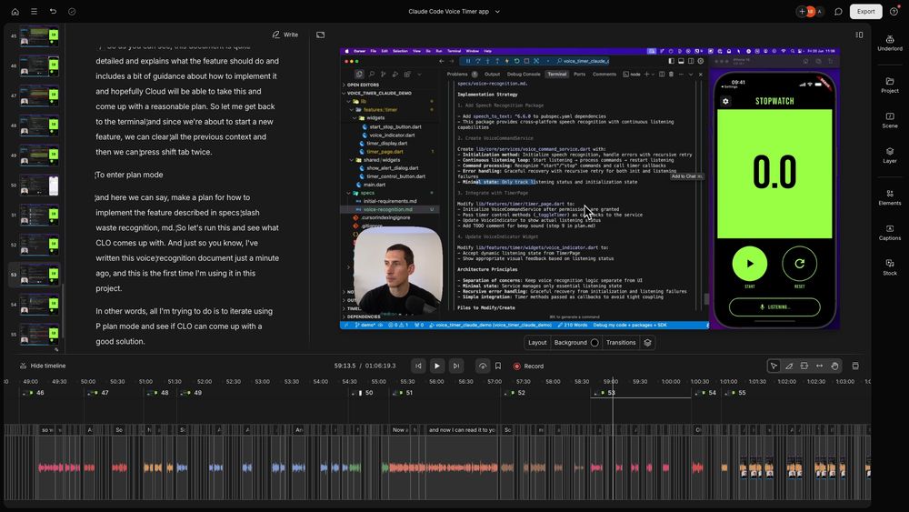 Video editor showing the status of my upcoming video about Claude Code.