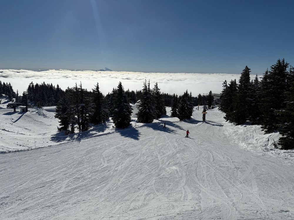 Snowy mountain top with skiers