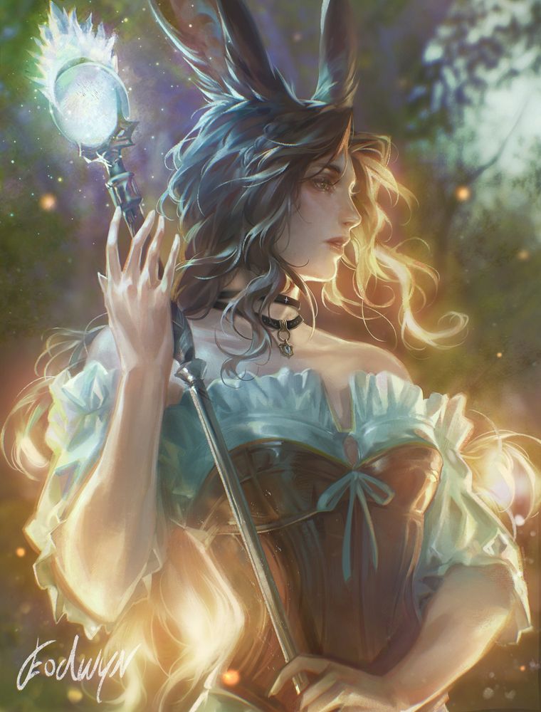 A woman with rabbit ears looking into the distance while holding a glowing staff. She is in a forest, surrounded by fireflies. 