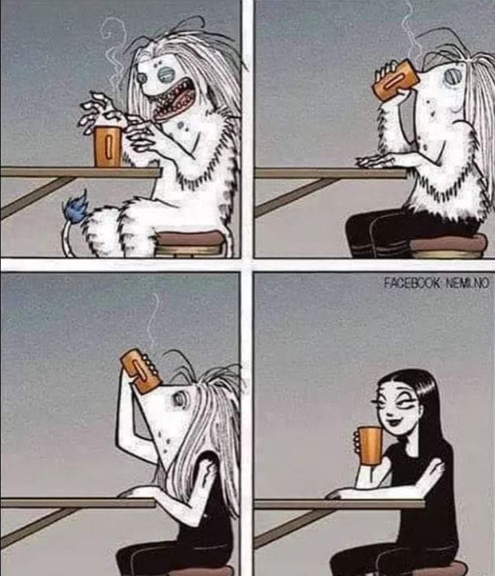 A lady having a cup of coffee in the morning to become herself 