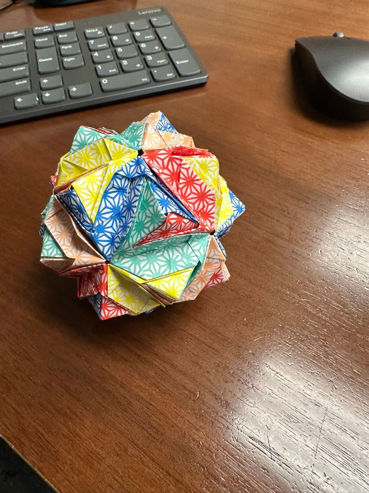 Japanese Brocade 30-piece origami ball, folds flat, pattern by Rick Beech