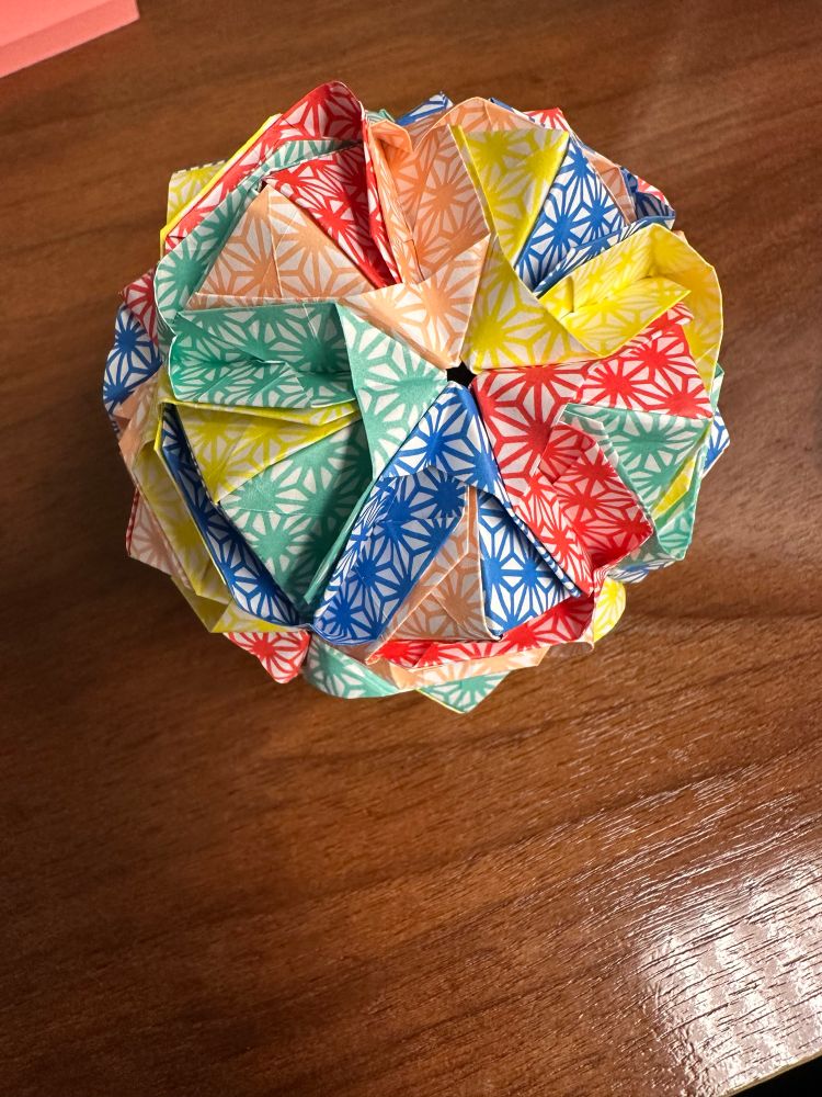 Unfurled Japanese Brocade Origami ball, 30 piece, pattern by Rick Beech