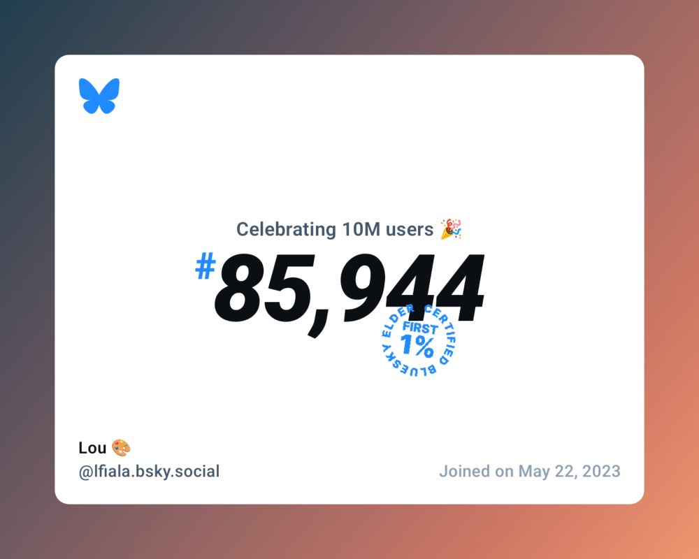 A virtual certificate with text "Celebrating 10M users on Bluesky, #85,944, Lou 🎨 ‪@lfiala.bsky.social‬, joined on May 22, 2023"