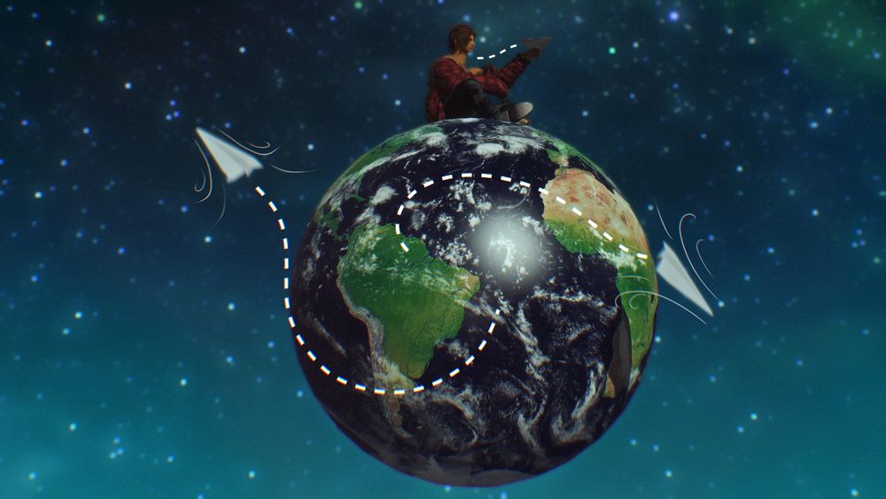 ephraim duskhardt sitting on a globe, with three paper planes flying around. two are moving quickly and erratically, the third is between his fingers, presumably from a long, confusing flight around the globe. the text reads 'i was so ahead of the curve, the curve became a sphere.'
