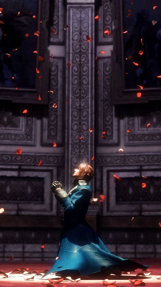 ephraim duskhardt praying in the ruins of an old castle. red rose petals are scattered beneath him, and raining down from on high. there is a spotlight lighting him from above, as everything else is shrouded in shadows. he keeps his eyes to the sky in reverence, but they are closed, as if he does not want to gaze directly at it. behind him are two charred, torn paintings.