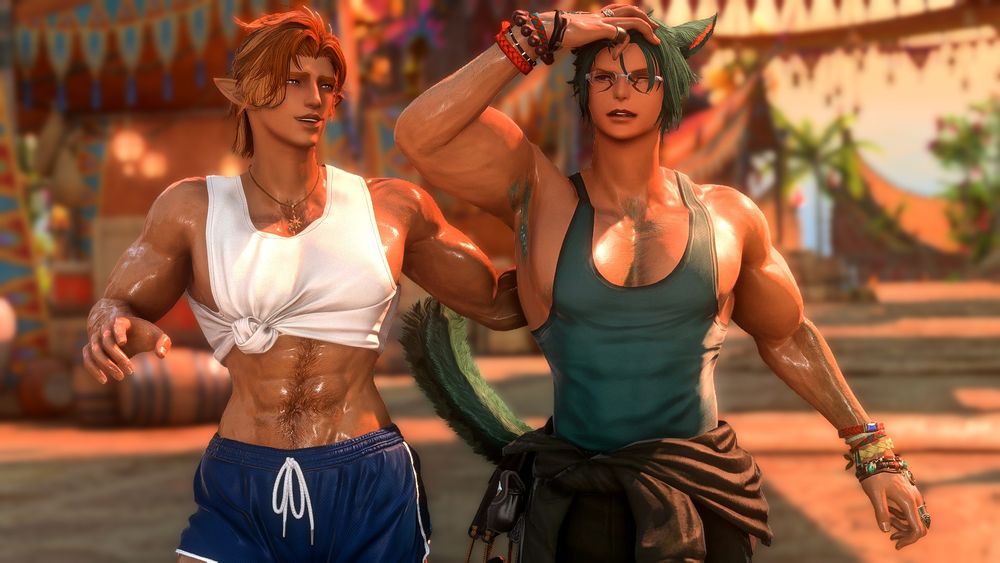 Ephraim Duskhardt and Dawnservant Koana working out in the streets of Tuliyollal. Both of them are drenched in sweat, Ephraim's tank-top tied at above his stomach for airflow, while Koana is in overalls and a tank-top, a jacket tied around his waist. Koana is pushing his bangs back over his head to get a good look at Ephraim, who wears a jovial expression while Koana's expression is a mixture between amusement and exhaustion.