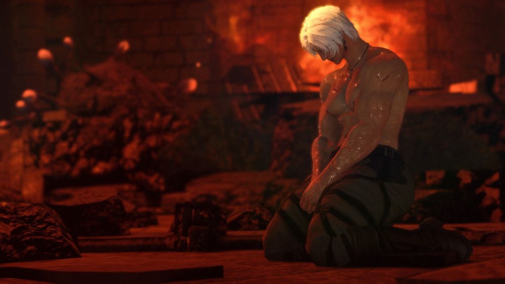 pollux agravain, covered in scars and sweat from an arduous battle. while the battle portrayed is physical, it is all symbolism. he is a man haunted by the past. flames rage behind him, embers flying about the scene as he looks downcast and downtrodden, on his knees as a singular light from above shines down, but his head is kept down, looking away from such a glorious thing, as if he believes himself unworthy.
