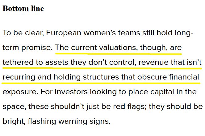 A snippet from the article.

Header: Bottom line

To be clear, European women’s teams still hold long-term promise. <emphasis>The current valuations, though, are tethered to assets they don’t control, revenue that isn’t recurring and holding structures that obscure financial exposure.</emphasis> For investors looking to place capital in the space, these shouldn’t just be red flags; they should be bright, flashing warning signs.