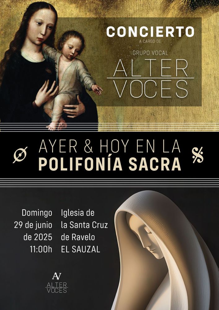 Cartel del concierto de presentación del grupo vocal Alter Voces, con una imagen de un cuadro renacentista de la virgen con el niño, “Ayer y hoy de la polifonía sacra” y una imagen de una escultura contemporánea de la virgen María. El concierto será el próximo domingo, día 29, a las 11 en la iglesia de la Santa Cruz de Ravelo, en El Sauzal.
