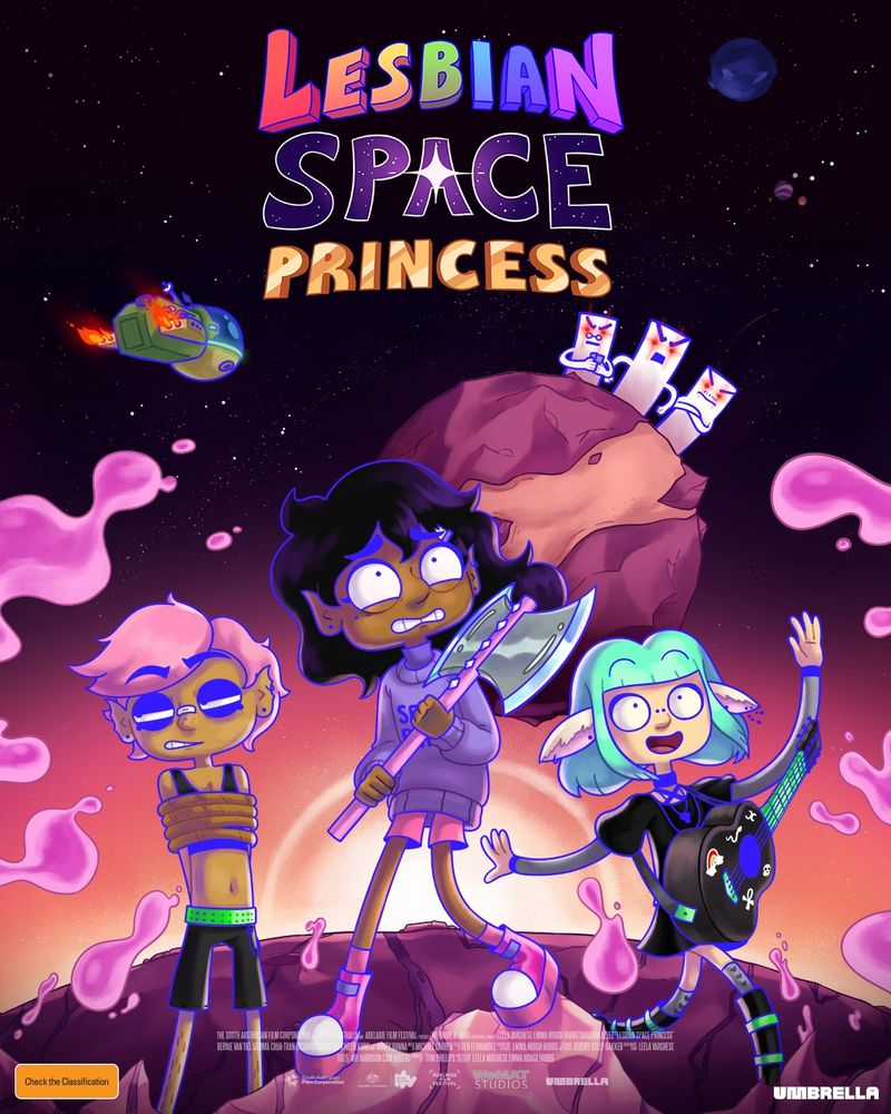 Poster for the film LESBIAN SPACE PRINCESS, featuring three animated people in front of a sci-fi space background: a woman with short pink hair tied in rope looking bored, a brown woman looking anxious wearing a purple jumper holding a labrys, and a non-binary alien with animal ears and a guitar looking joyful. In the background there's three white blocks with looking angry – the Straight White Maliens. 