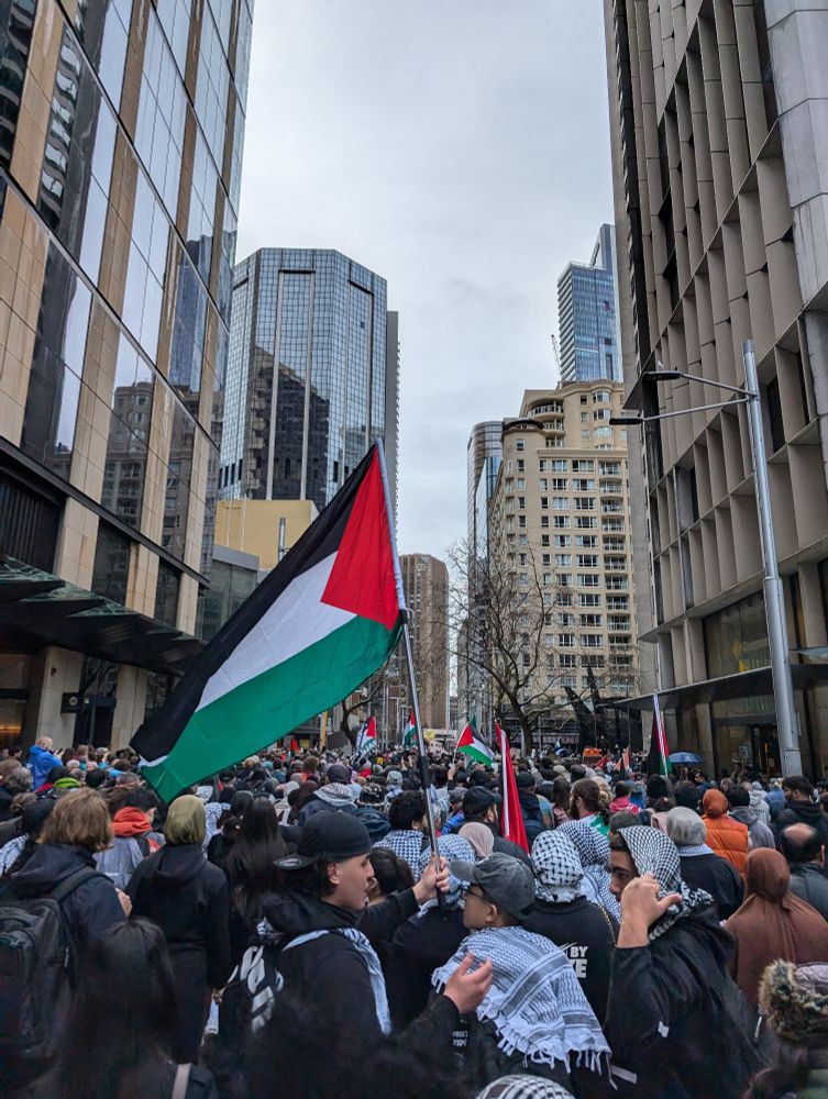 thousands of protesters on George St in Sydney, some brandishing Palestinian flags, two streets away from Lang Park where the march is starting from