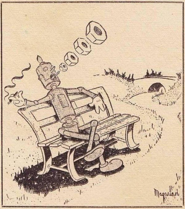 A midcentury robot lounges on a park bench smoking a cigar and blowing out a series of hex nuts instead of smoke rings.

Cartoon by Albert Magarian for Amazing Stories, December 1941. 