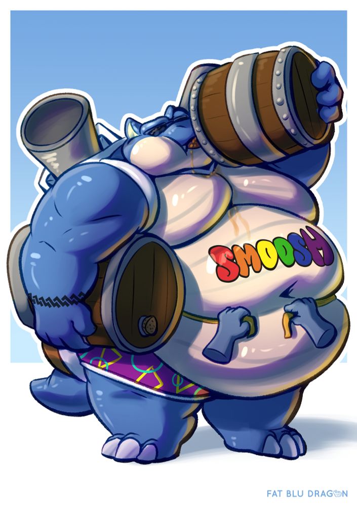 A blastoise chugs beer from a keg he's holding in his left hand. He's got a second keg under his right arm ready to drain. A pair of ghost hands are sqeezing his gut with a tape measure to get an accurate reading while some of the beer trickles from his maw down to the pride-themed gut tattoo that carries his name, "Smoosh."