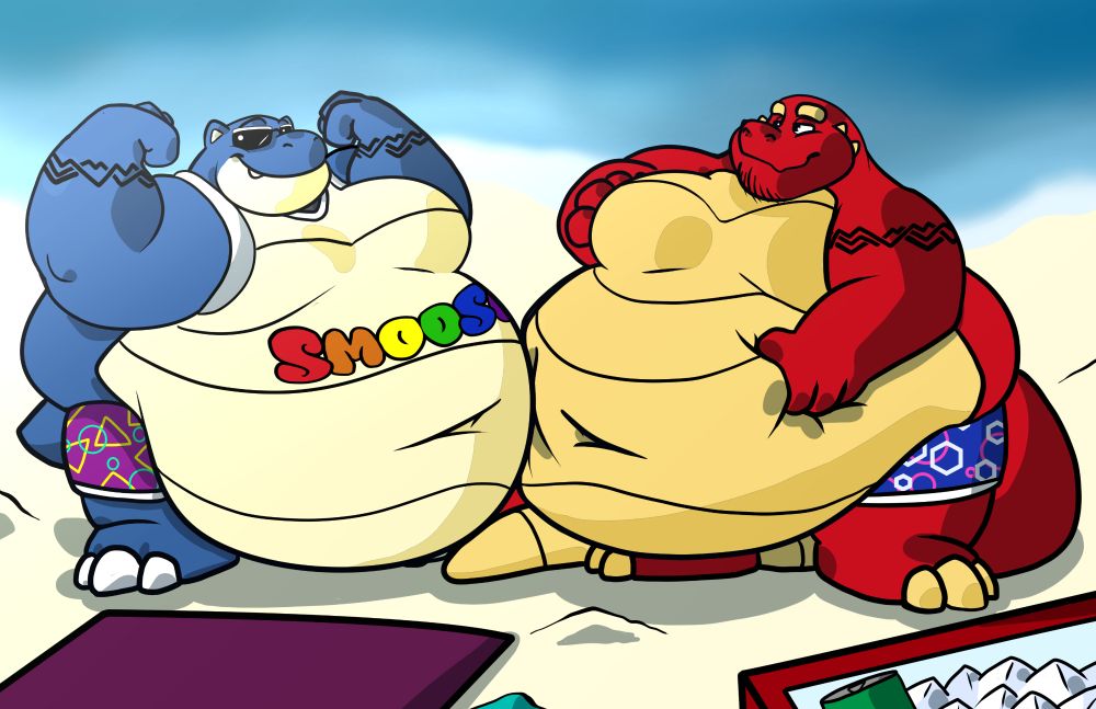 A fat blastoise and fat dragon are on the beach, standing belly to belly, staring and showing off their rotund bodies. The blastoise is flexing, showing his saturated fat wrist tattoos, while "Smoosh" in prode colors is tattoo across the top of his huge sagging gut, which could probably rest on his feet if they weren't pointed outwards. The red dragon is holding his soft doughy yellow belly and moob, the same saturated fat tattoo on his left arm. His tail wraps around and end just under the blastoise's belly. Despite the sunglasses on blastoise, they both have the look of pride and acknowledgement at the achievements they've made, and will continue to make.