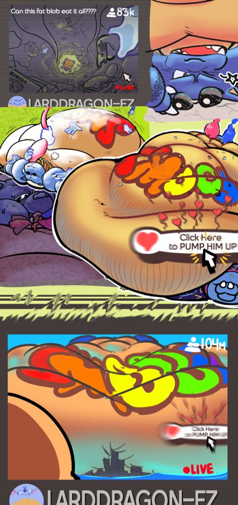A comic of a fat blastoise livestreaming an extreme weight gain session. Can he eat it all?