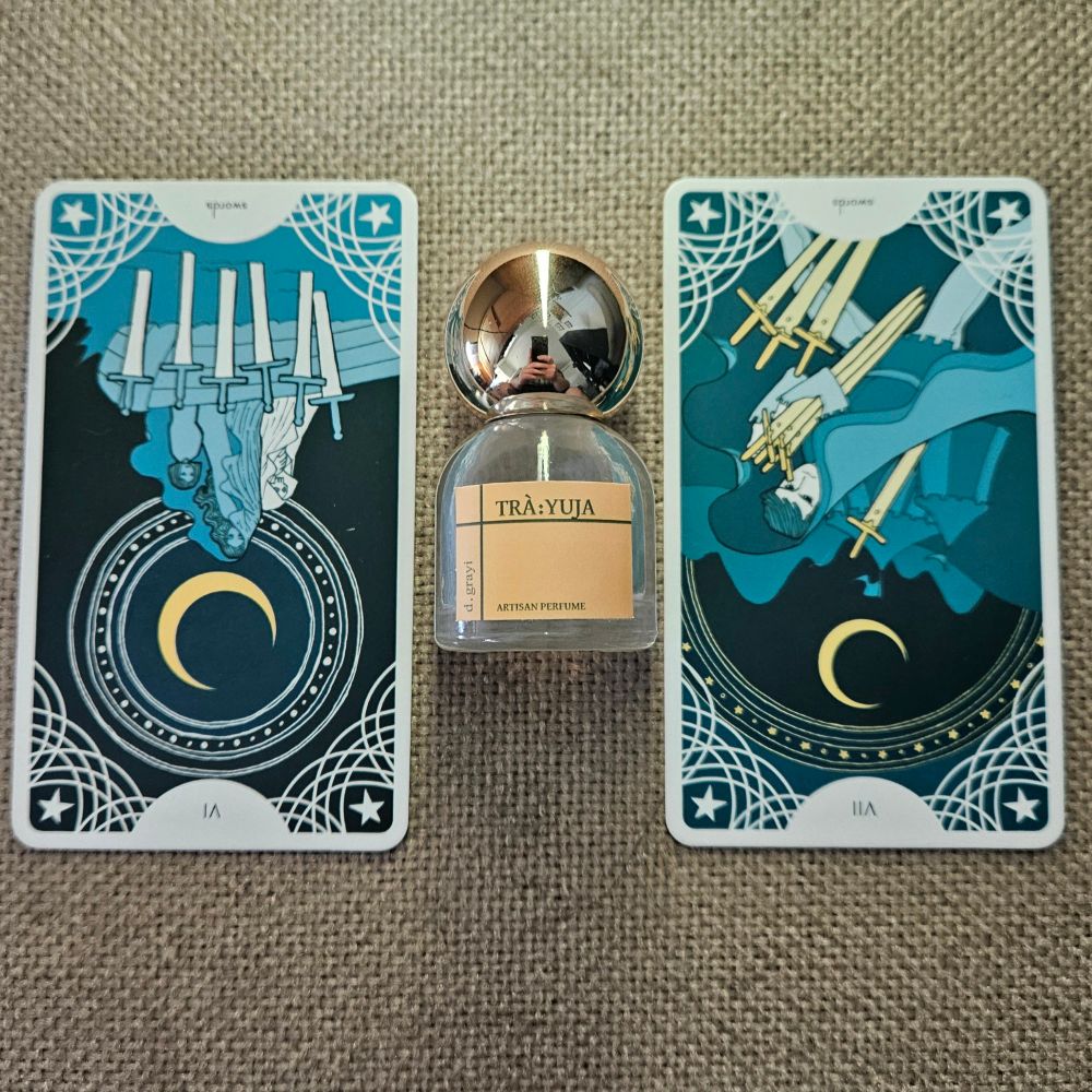 Reversed VI and VII of Swords straddle a bottle of Trà:Yuja by James Nguyen for d.grayi 