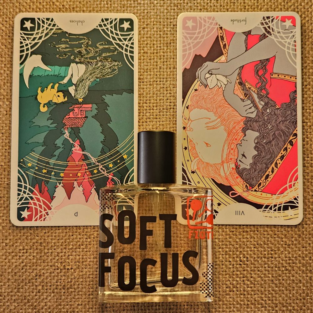 Reversed Page of Cups and reversed card VIII - Fortitude straddle a bottle of Soft Focus by Bruno Fazzolari for Fzotic