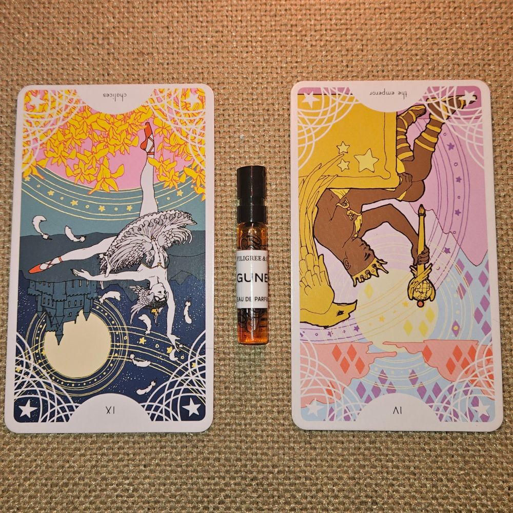 A reversed IX of Chalices and reversed card IV - the Emperor straddle a sample of Gunet by James Elliott for Filigree & Shadow