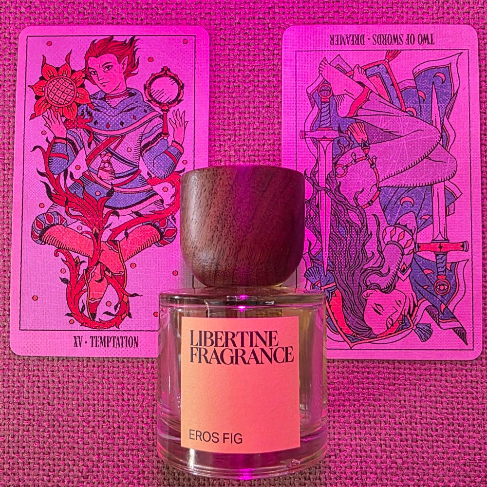 Card XV - Temptation and reversed II of Swords - Dreamer straddle a bottle of Eros Fig by Joshua Smith for Paraphrase Perfume