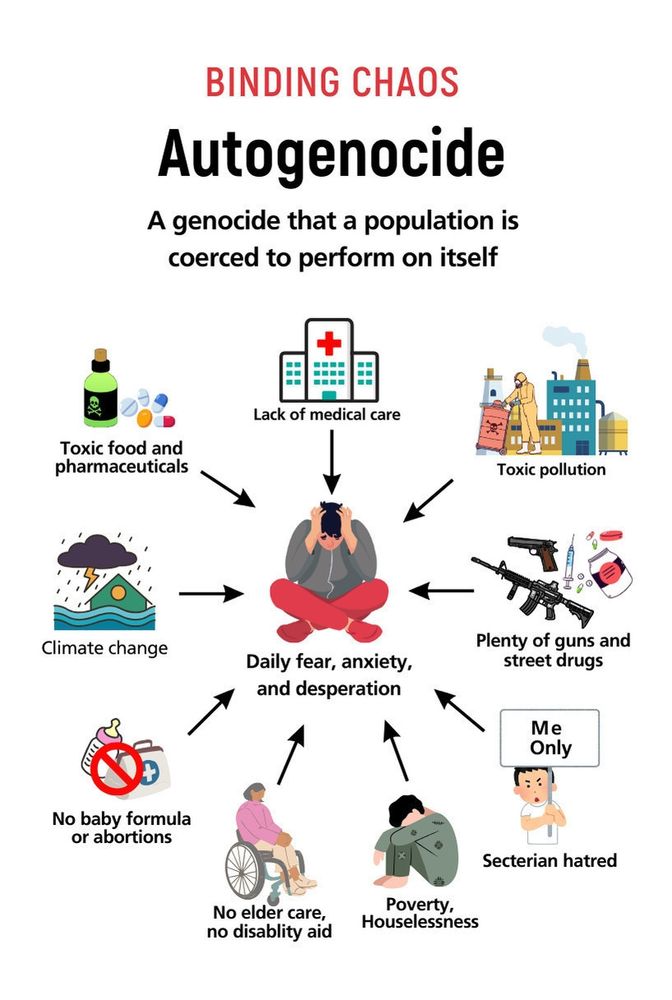 
Autogenocide
A genocide that a population is coerced to perform on itself: 

Lack of medical care
Toxic food and pharmaceuticals
Toxic pollution
Climate change
Daily fear, anxiety, and desperation
Plenty of guns and street drugs
Me Only
No baby formula or abortions
Secterian hatred
No elder care, no disablity aid
Poverty,
Houselessness