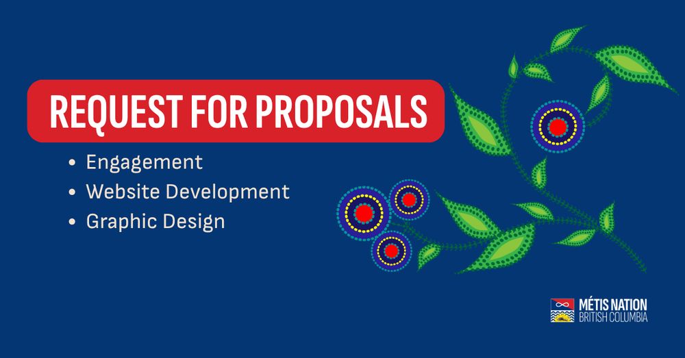 Flowers on a blue background. Text reads: Request for proposals. Engagement, website development, graphic design.