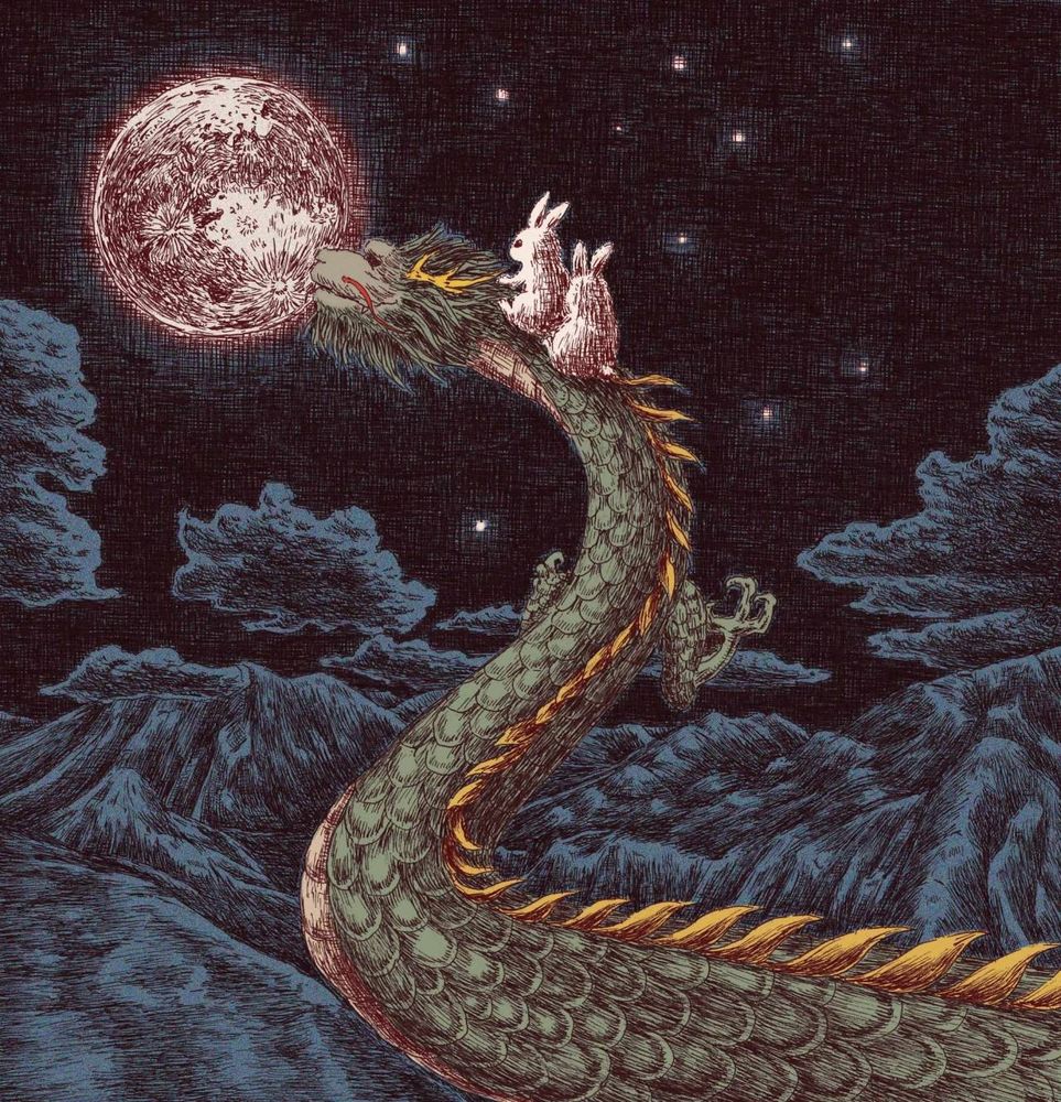 Rabbits riding on a dragon 