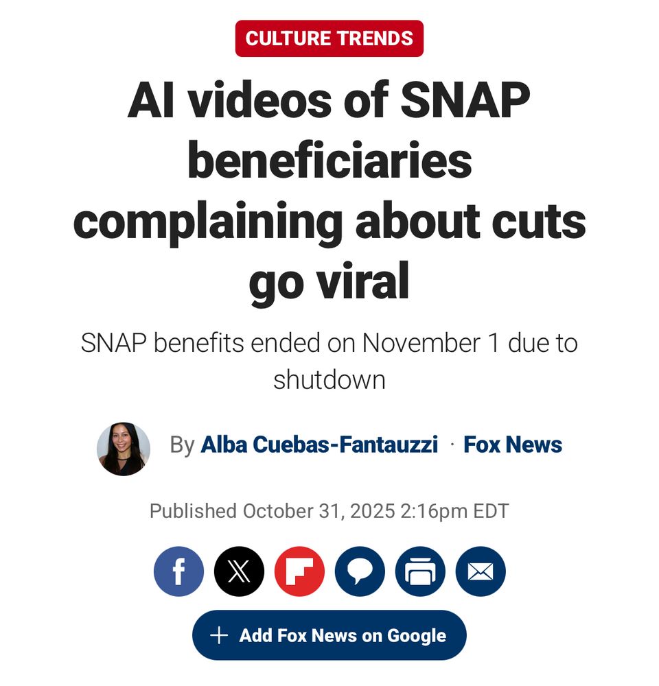 AI videos of SNAP beneficiaries complaining about cuts go viral
SNAP benefits ended on November 1 due to shutdown
Alba Cuebas-Fantauzzi By Alba Cuebas-Fantauzzi Fox News
Published October 31, 2025 2:16pm EDT