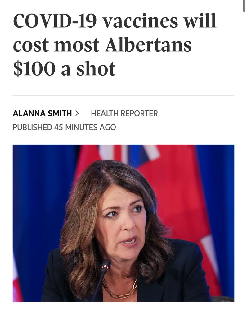 Screenshot of a 2025 news article in which the price of the Covid vaccine for Albertans is revealed to be $100 per dose