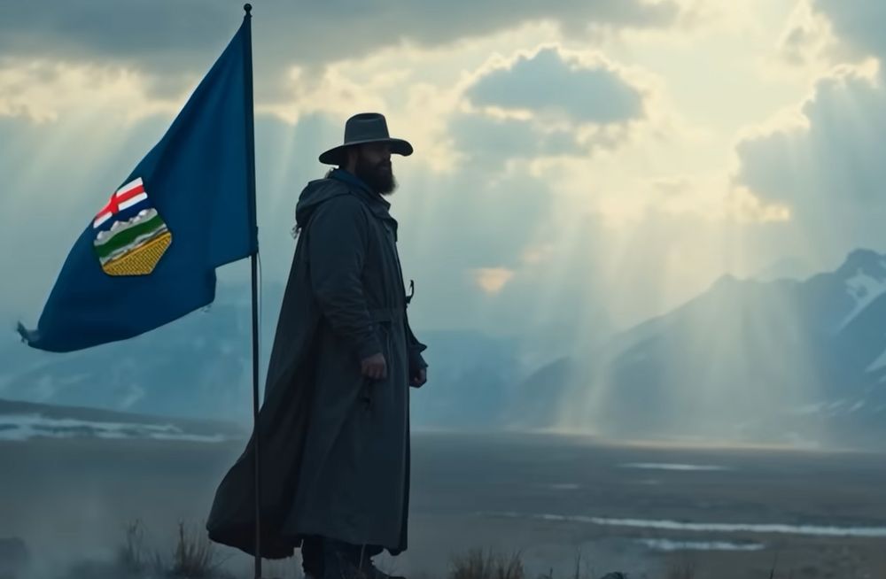 A still image from an AI-generated song and music video titled 'SOVEREIGN STEEL - THE ANTHEM OF ALBERTA'