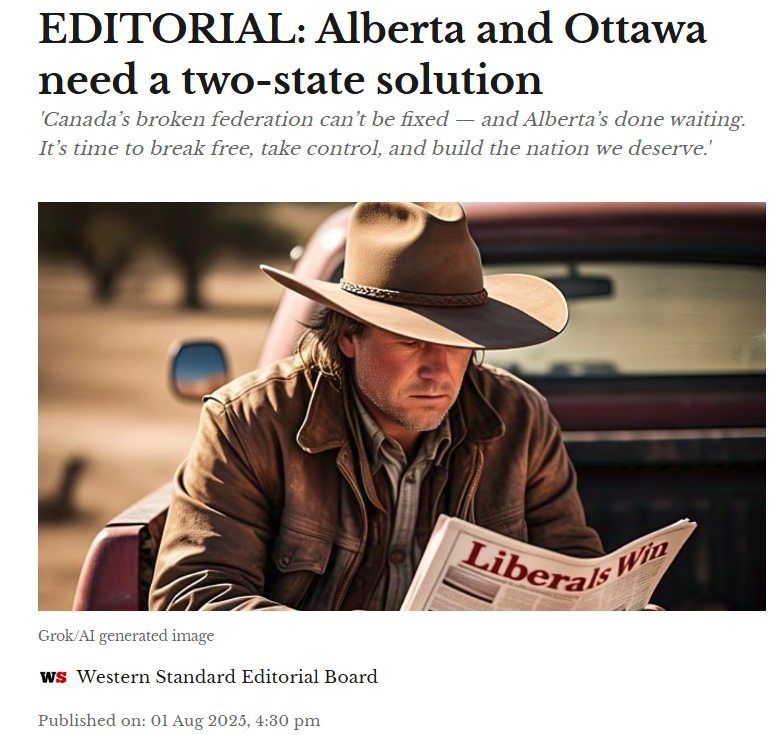 An opinion article in the Western Standard featuring an image generated by the Twitter/X artificial intelligence service Grok of an upset cowboy sitting in the back of a pick truck reading a newspaper with the headline "Liberals Win"