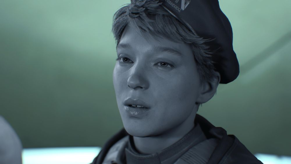 lea seydoux as fragile in death stranding 2 in a shot where her body is in black and white but the background is still in colour