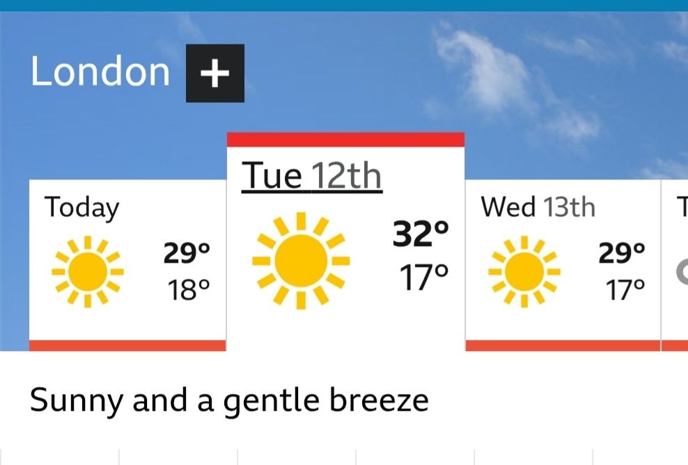 screenshot of a weather forecast showing 32 degrees celsius for london tomorrow 