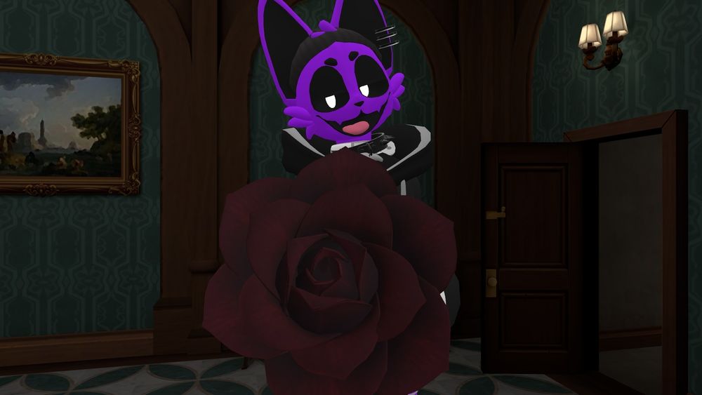 A purple cat in a room of an old mansion extending a rose towards the viewer