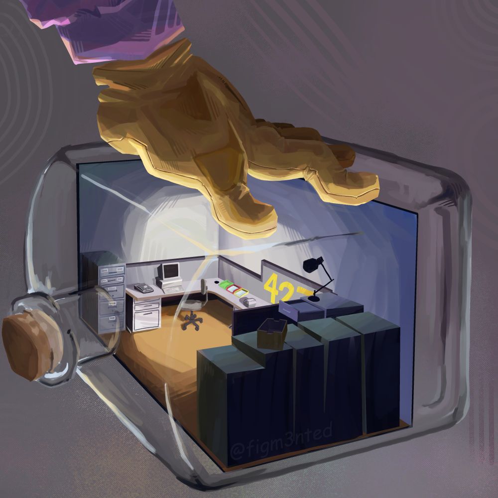A drawing of Stanley's office inside a glass bottle, with a gloved hand on top of the bottle.