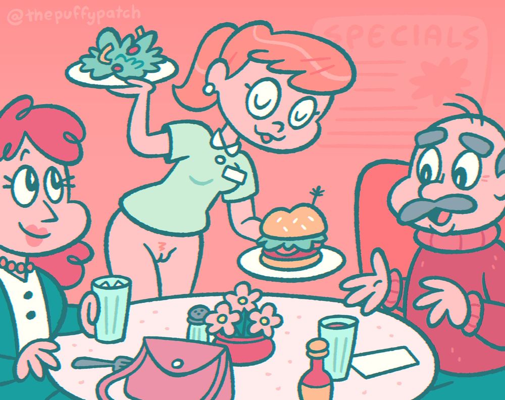 A couple at a restaurant is served by a bottomless waitress.