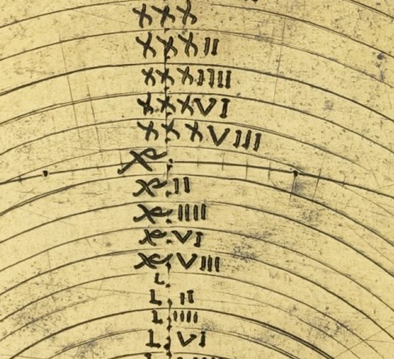 Detail of a latitude plate of a medieval astrolabe at Merton College Oxford, showing the numbering of the almucantar lines in Roman numerals, with an unusual abbreviation for 40.