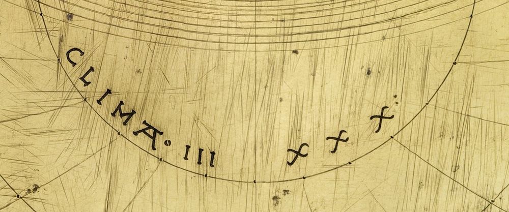 Detail of a latitude plate of a medieval astrolabe at Merton College Oxford, with the inscription CLIMA· III   XXX 