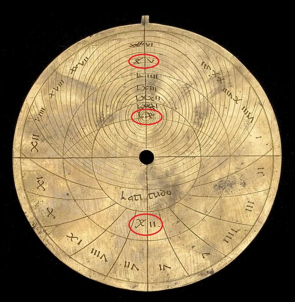 Astrolabe plate for latitude 42° from Latin Spain, with three instances of an abbreviation for Roman numeral 40.