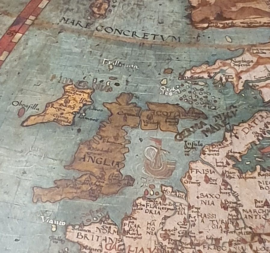 Detail from the Johannes Schöner terrestrial globe of 1520, seen in 2023 at the Germanisches Nationalmuseum, Nuremberg.