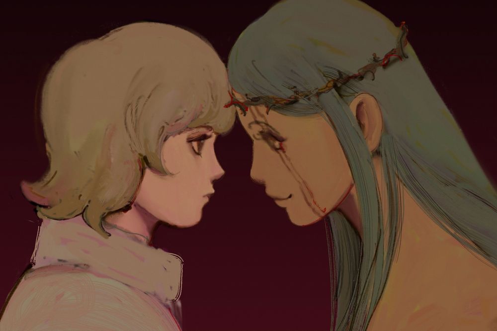 Digital drawing of Borksen and Morena from HxH facing each other. Borksen has short light brownish hair and a high neck top. Morena has long blueish green hair, a scar across her face and a crown of thorns on her head.