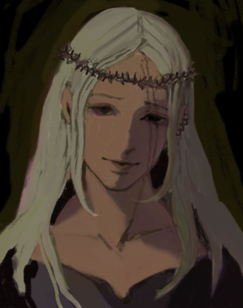 Portrait of Hunter x Hunter character Morena against a dark green background. She has light colored hair, a scar going across her face, and a crown of thorns on her head. She has a solemn expression.