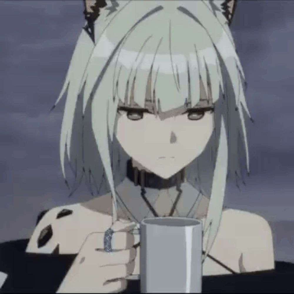 a girl with white hair and cat ears is holding a mug .