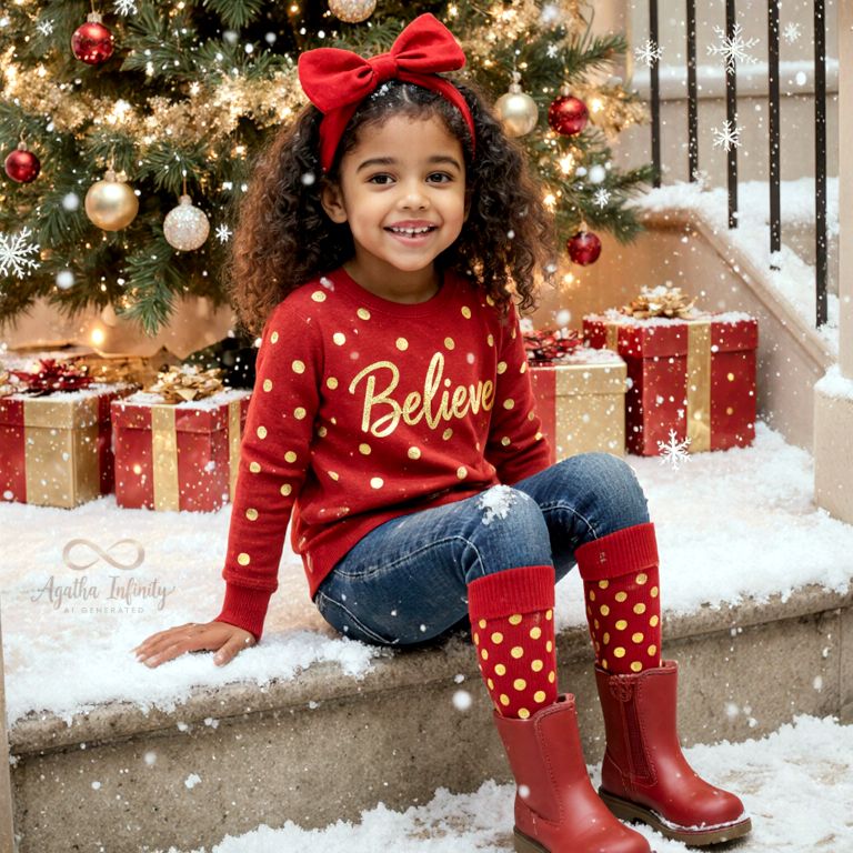 AI Generated image of a girl wearing a red sweater with blue jeans and red boots sitting on a step in the snow.