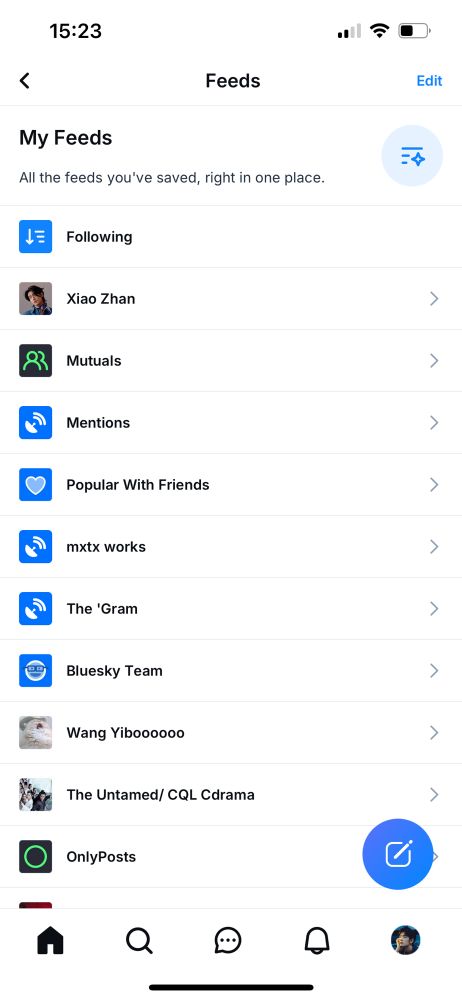 screenshot of my feeds page on bluesky