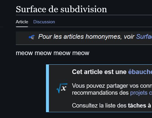 L'article wikipédia à propos des surfaces de subdivision avec comme en-tête "meow meow meow meow"