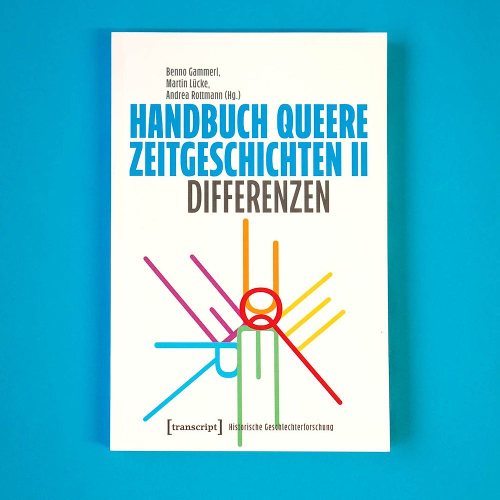 Das Buch-Cover von »Handbuch Queere Zeitgeschichten II. Differenze« auf blauem Hintergrund.
