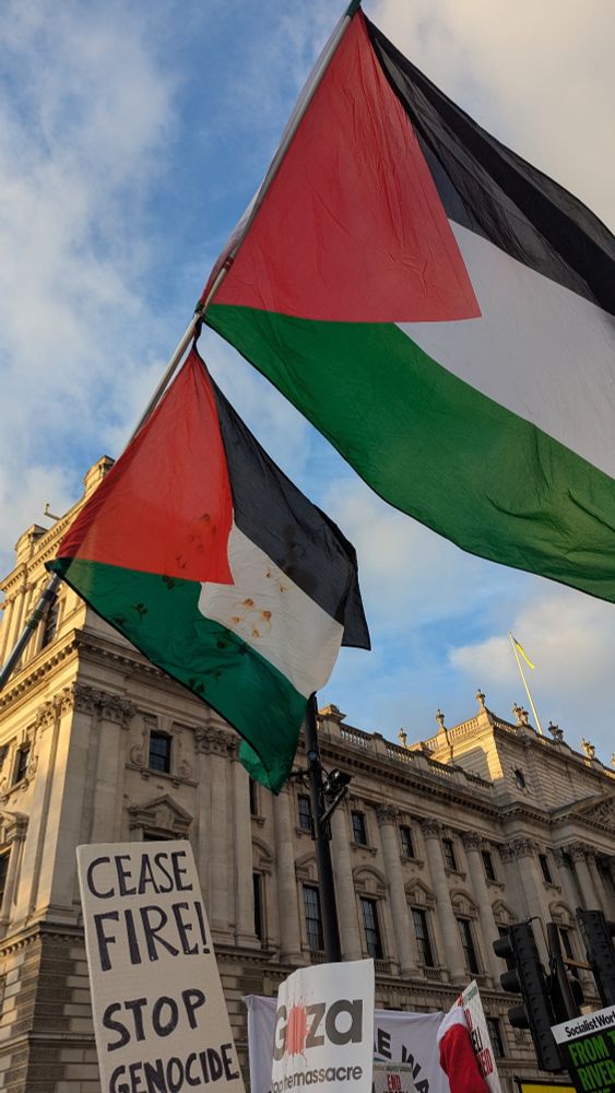 Two large Palestinian flags raised above a crowd of people at a rally in London for Palestine. 