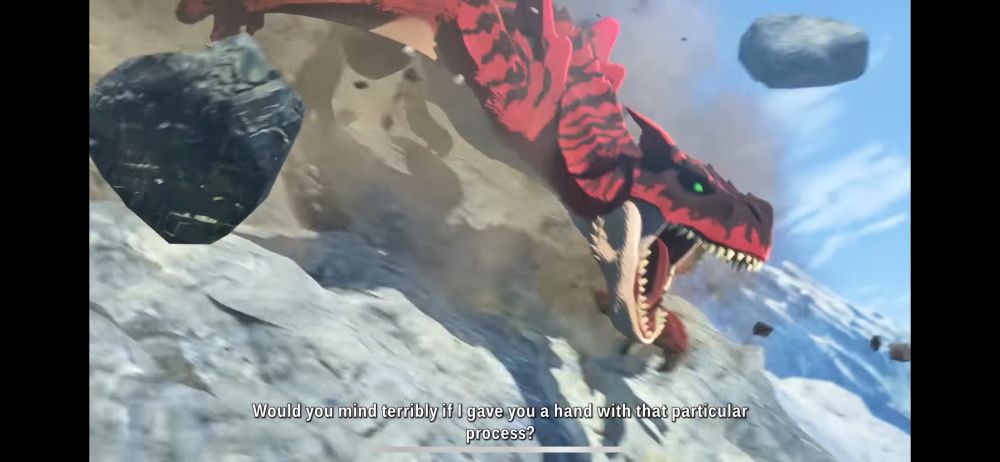 A Dragon element Tigrex doing its Kinship Attack; this is not Molten Tigrex due to having more beige on its underside and no navy claws/spikes