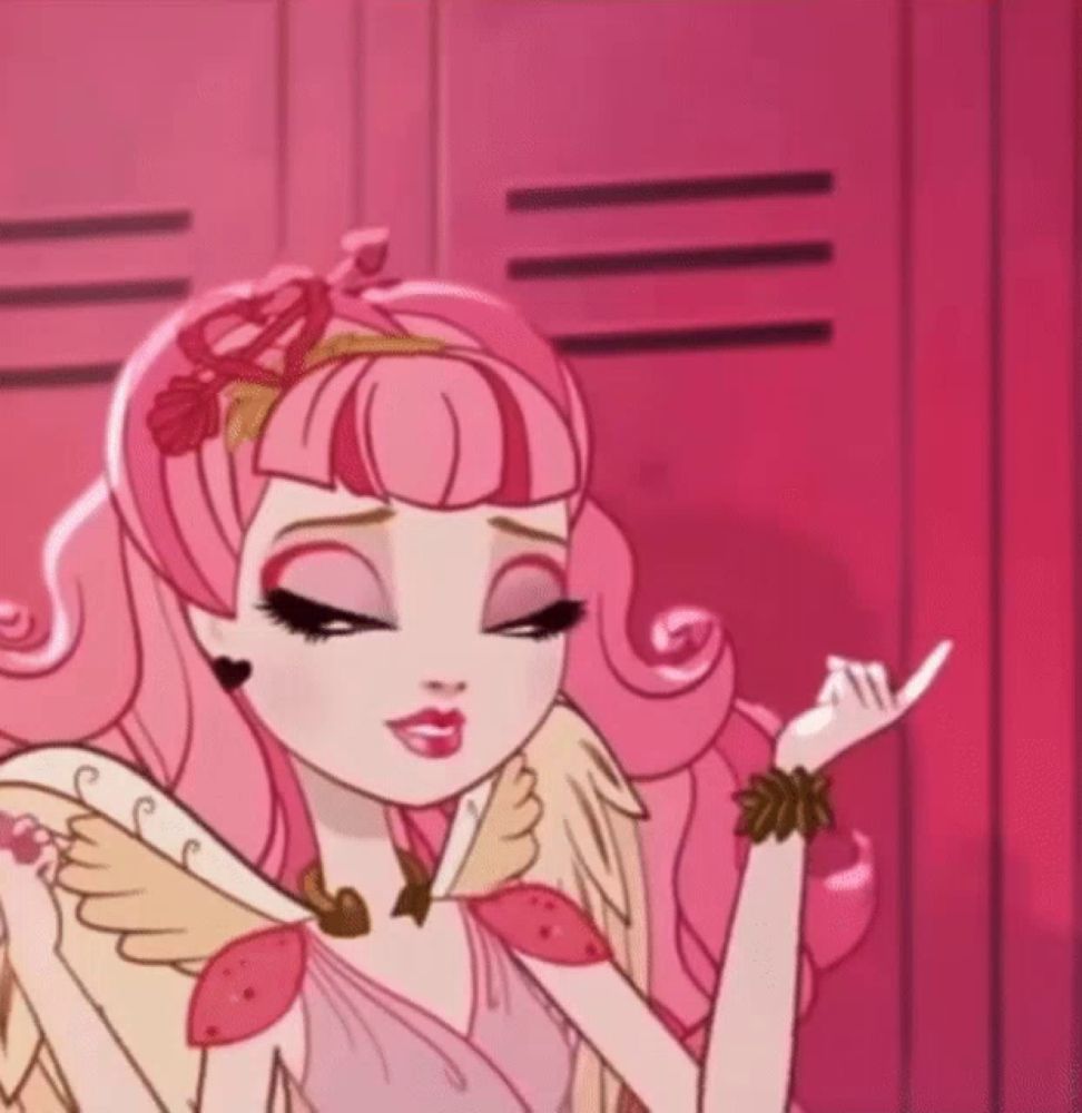 a cartoon character with pink hair and wings is standing in front of a pink wall