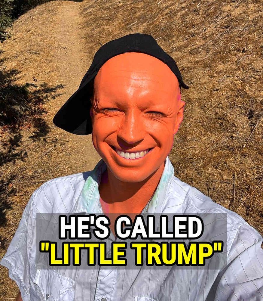 dan henstchel painted orange with text over him that says HE'S CALLED "LITTLE TRUMP"